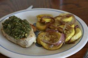 Chicken Breast topped with Walnut Pesto and Saute Squash 